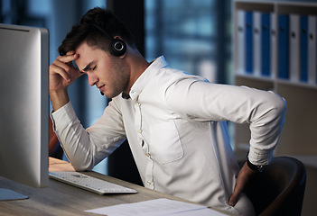 Image showing Businessman, call center and back pain from burnout, headache or overworked late at night by the office desk. Man consultant suffering in pain, sore back or discomfort from long hours on the computer