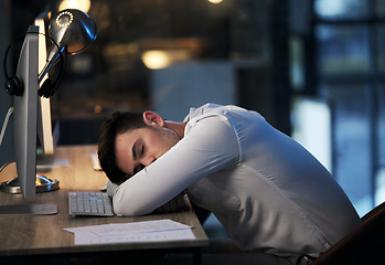 Image showing Man, burnout and sleep in call center office, overworked from working at crm compliance consulting company. Businessman, sleeping and mental health stress from corporate document planning online