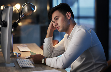 Image showing Businessman, stress or bored on computer in night office for cyber security website, digital marketing web design or programming code. Anxiety, tired or confused programmer with technology 404 glitch