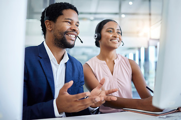 Image showing Contact us, call center and happy black man in telecom communications company helping clients with faq or questions. Smile, crm and insurance sales agent working in customer support talking on a mic