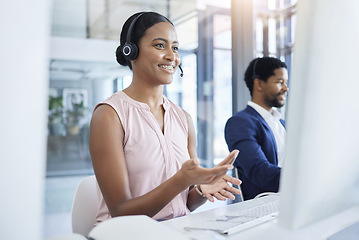 Image showing Call center, woman and customer service, consulting, contact us and online help worker talking with headset with computer. Telemarketing, crm or customer support employee smile, happy or work at desk