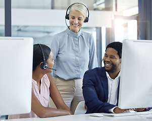 Image showing Call center, team and mentor in office for training, coaching and support with coach and staff in sales, telemarketing and customer support. Diversity, happiness and teamwork with crm woman leader