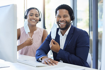 Image showing Business people, call center and telemarketing with smile for customer service or support in office. Man and woman remove mask for end of covid business consultation, team advice or help on computer