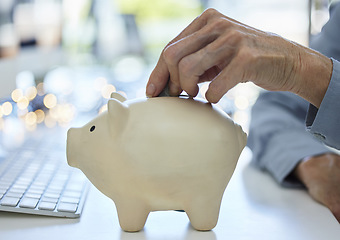 Image showing Money, hand and piggy bank in savings for finance, planning or investment growth at the office. Hands of business employee in financial investing strategy, banking and coin save for insurance plan