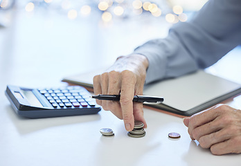 Image showing Budget, coin and business hands with calculator for inflation, savings and commerce financial planning. Money, cash and change for finance management, poverty and debt of bank balance or loan payment