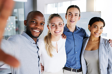 Image showing Selfie, friends and team with a business man and woman group taking a photograph together in their office. Portrait, teamwork and diversity with male and female colleagues taking a picture at work