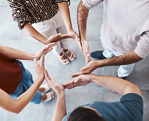 Image showing Teamwork, hands and circle of business people for support, power and trust for collaboration, synergy and team building motivation in office. Group, community or team for growth, mission and vision