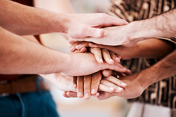 Image showing Hands, team building and employee teamwork with business community support, diversity collaboration or motivation together. Corporate unity, staff solidarity or creative startup workforce cooperation