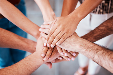 Image showing Top view, hands and together to connect, for support and solidarity and team building for success, agreement and being community. Hand gesture, group stack pile and connection for loyalty and unity.