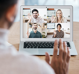 Image showing Team, laptop and video call for webinar, online meeting and communication together. Digital device, teamwork and coworkers have discussion, conference or wave with smile, planning or happy with sales