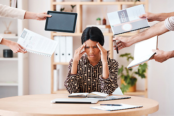 Image showing Stress, burnout and multitask with hands and a black woman in business feeling overwhelmed or overworked. Compliance, documents and deadline with a female manager trying to balance work tasks