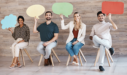Image showing Diversity, recruitment and speech bubbles for social media marketing idea of people in waiting room for interview, meeting and collaboration. Creative design company, business staff and hiring mockup