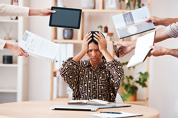 Image showing Stress, frustrated and business woman with paperwork and information in modern corporate office. Burnout, overworked and professional manager with overload of management document, report and deadline