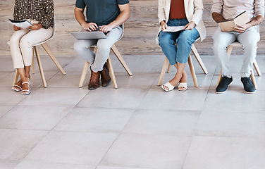 Image showing Group, job interview and people on chairs in floor, mockup and recruitment at digital marketing office. Hiring, corporate and worker queue at business meeting for opportunity, mock up or copy space