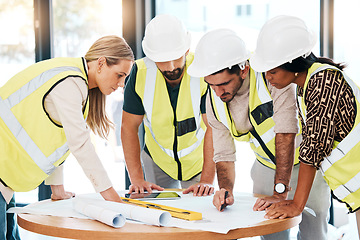 Image showing Teamwork, architecture and engineering planning of a blueprint of an office building in a construction project. Meeting, construction workers or creative designers drawing floor plan task or strategy