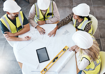 Image showing Above, blueprint and architects planning design of house during meeting for construction and building project with tech. Teamwork, industrial and engineers in collaboration for renovation on paper