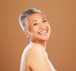 Image showing Happy senior woman, beauty and skincare on face model with healthy teeth giving a smile on studio background portrait. Dental, wellness and cosmetic makeup for elderly women, smile or skin wellness