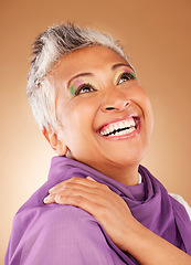 Image showing Makeup, funky grandma with smile on face and trendy fashion style on studio background. Happy mature woman, beauty and luxury skincare, cosmetics and happiness, cool lifestyle and retirement in color