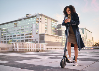 Image showing Black woman, electric scooter and smartphone in city, for communication and outdoor to connect. Travel, female and girl with cellphone for chatting, social media and browse online to search internet.