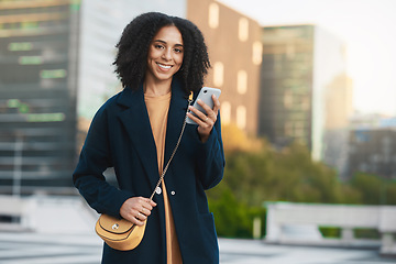 Image showing Black woman portrait, city and phone in hand of a person with technology and smile. Internet, 5g web and social media app of a happy female online ready for mobile networking and communication