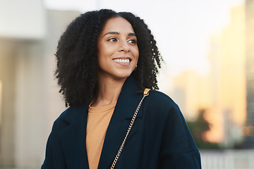 Image showing Happy, thinking and business woman in the city of Singapore for work in the morning. Vision, motivation and young girl with an idea, happiness and commitment during travel to a job with bokeh space