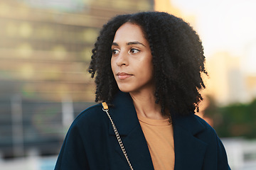 Image showing Face, thinking and city with a business black woman walking while on her morning commute into work. Idea, commuting and street with a female employee traveling in an urban town for opportunity