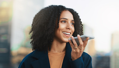 Image showing Black woman with smartphone, phone call and technology with communication and connection outdoor. Conversation, mobile and connect, contact and talking on call with tech and 5g network in urban city.