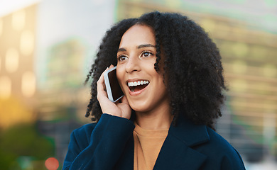 Image showing Black woman, phone call and city travel of a person happy about online and 5g web communication. Network conversation of a female with mobile technology of a online internet chat outdoor with a smile