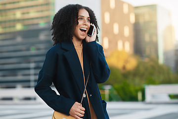 Image showing Business girl and city phone call with news excited for promotion, achievement or bonus in New York. Corporate, professional and black woman on mobile with wow, happy and winner update.