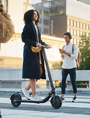 Image showing Scooter, city and business woman going to work with an electric vehicle on an outdoor street in Mexico. Travel, happy and professional female corporate manager commuting to the office in urban town.