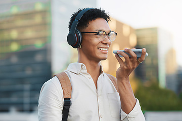 Image showing Man, 5g phone and voice note in the city traveling to university lesson and using his mobile. College student, travel and cellphone call using headphones in an urban town on the way to school