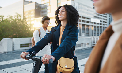 Image showing Scooter, happy and business woman with transport in the city for sustainability, clean energy and eco friendly in Canada. Happy, smile and employee travel to work with sustainable transportation