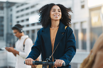 Image showing Scooter, smile and business woman in the city of New Zealand for travel to work. Transport, eco friendly and girl with electric transportation for clean energy, sustainability and ecology in morning