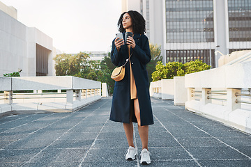 Image showing Phone, thinking and coffee with a young woman, travel or social media while standing outdoor in the city. Idea, mobile smartphone or female looking away, think about the future or drink in urban town