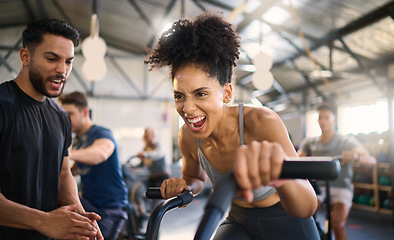 Image showing Gym, fitness and woman on bike with personal trainer for motivation, support and power workout, cheering and clapping hands. Coach, black woman and cycling exercise at sport center, sweat and energy