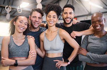 Image showing Team, workout group, fitness or people in a happy portrait for good training exercise or gym class session. Diverse sports friends, man and woman face together for health, wellness and body strength