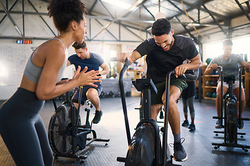 Image showing Cycle spinning, fitness and applause of a coach with motivation for cycling gym training. Sports coach clapping for workout, wellness and bike exercise success of people on bicycle happy from cardio