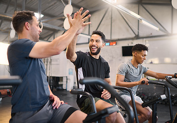 Image showing Fitness, man and high five at the gym for exercise, training or cardio workout together indoors. Happy men with smile and hands in celebration for partnership, support or sport motivation in wellness