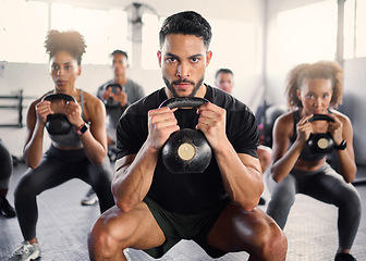 Image showing Kettlebell, workout and fitness class with a gym coach and people training with cardio and exercise. Portrait of a strong personal trainer and sports friends in a wellness health club with motivation