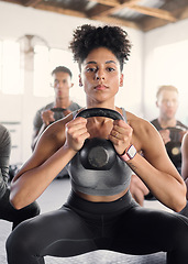 Image showing Kettlebell, fitness and black woman gym personal trainer with sport class doing gym training. Portrait of an exercise coach with sports student doing a wellness, strong and body workout with focus