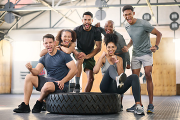 Image showing Fitness, gym and group of people portrait for workout teamwork, collaboration and motivation with power, energy and commitment. Excited, strong and sports people or friends with exercise goals