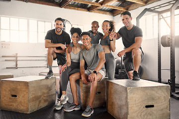 Image showing Friends, fitness and exercise with portrait, gym and diversity people smile for health, wellness and commitment. Group, men and women rest after cardio, training and workout for strong body together