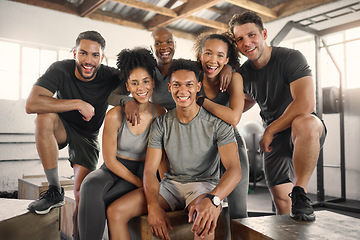 Image showing Fitness, portrait and friends happy to be at gym for a group workout session, teamwork and training classes. Smile, community and healthy sports people excited for cardio exercises with diversity