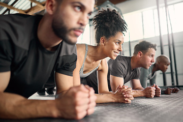 Image showing Teamwork, plank exercise or diversity gym for collaboration, motivation or wellness training, workout or fitness. Friends, team or athlete in studio on floor for health, cardio or sport muscle goal