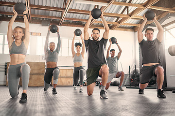 Image showing Fitness team, ball and exercise training with workout coach for healthy lifestyle motivation. Sports wellness class, muscle health and body endurance or weight bodybuilder group together on gym floor