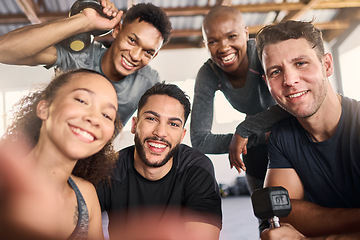 Image showing Men, women or diversity gym selfie of social media influencers, fitness blog or exercise pov. Portrait, smile or happy workout friends, weightlifting people or training coach in about us photography