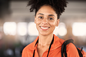 Image showing Happy black woman, gym portrait and backpack for training, exercise lifestyle or body wellness. Headshot, fitness and happiness on face, health or workout for african girl, woman or model with bag