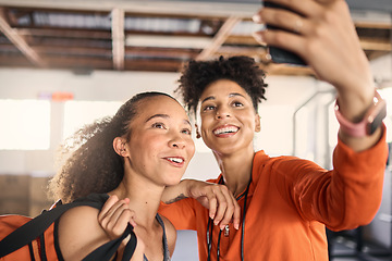 Image showing Friends, woman or phone selfie after gym training, workout or exercise for social media, internet post or fitness vlog. Smile, happy or bonding exercise women or people on mobile picture technology