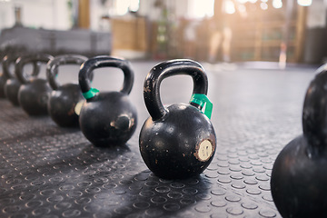 Image showing Fitness, crossfit or zoom of kettlebell in gym or New york studio for weightlifting exercise, muscle development or wellness workout. Metal, steel or heavy iron for health, training or sports goal