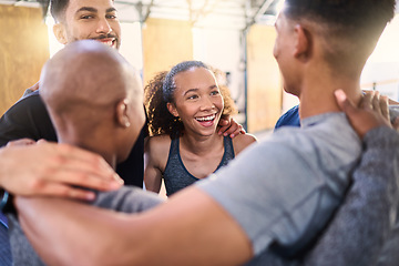 Image showing Fitness, class and support hug of gym team and athlete group after exercise, sport and workout. Hugging training people and friends with happiness showing teamwork, sport community and motivation